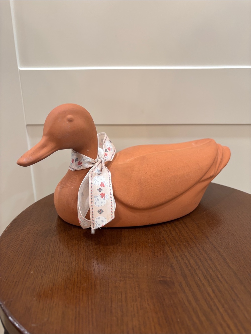 Terracotta Duck Figurine with Floral cat Ribbon